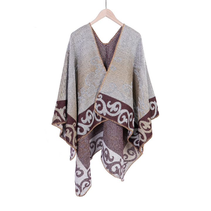 Damen Jacquard‑Ruana‑Poncho aus Wollmix mit asymmetrischem Zipfelsaum Drune