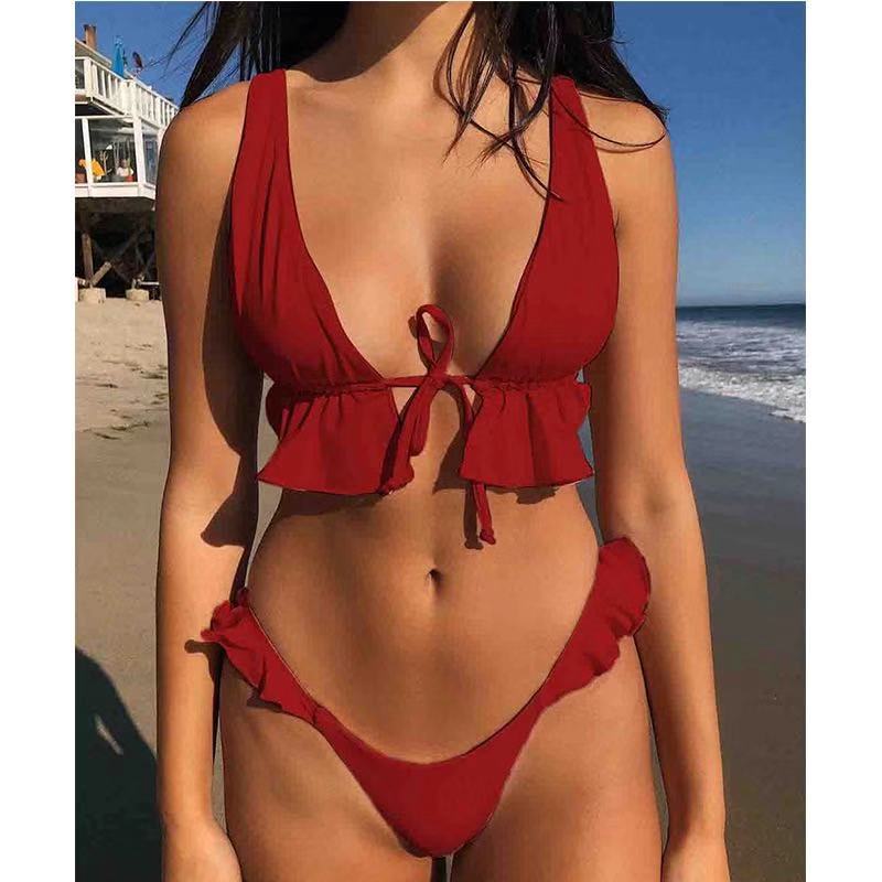 Damen Volant-Bikini-Set mit tiefem Ausschnitt Drune