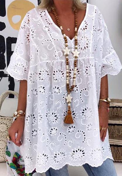 Damen Bluse im Boho-Stil mit filigranen Stickereien und voluminösen Ärmeln Drune