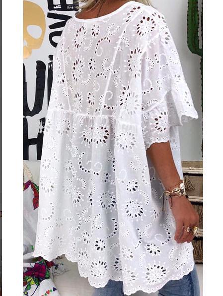 Damen Bluse im Boho-Stil mit filigranen Stickereien und voluminösen Ärmeln Drune