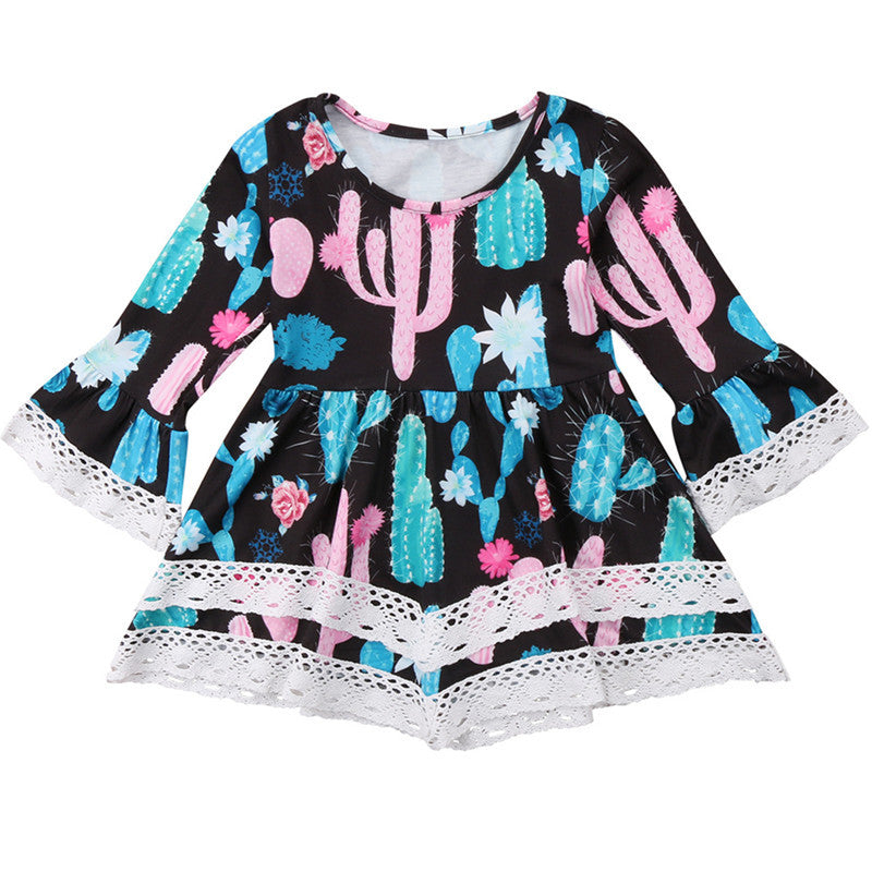 Damen Sommerliches Kleid mit kreativem Kaktus-Design und Spitzenakzenten Drune