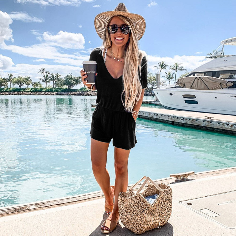 Damen bequemer Sommer-Jumpsuit mit V-Ausschnitt und elastischem Bund Drune