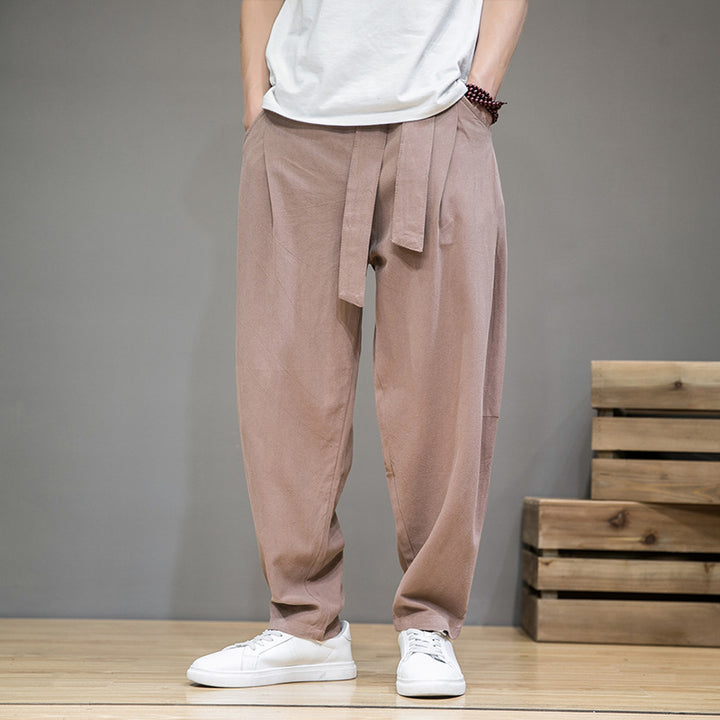 Herren nan lockere Leinenhose mit Kordelbund und tapered Bein Drune