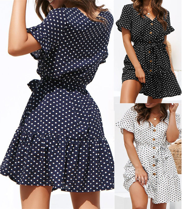 Damen Kurzarm Volantkleid mit gepunktetem Design und Taillengürtel Drune