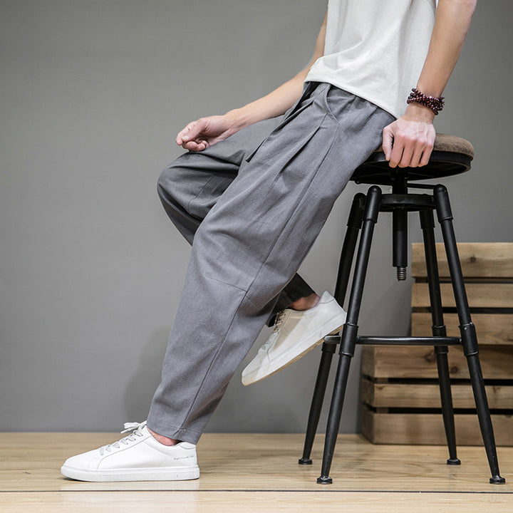 Herren nan lockere Leinenhose mit Kordelbund und tapered Bein Drune