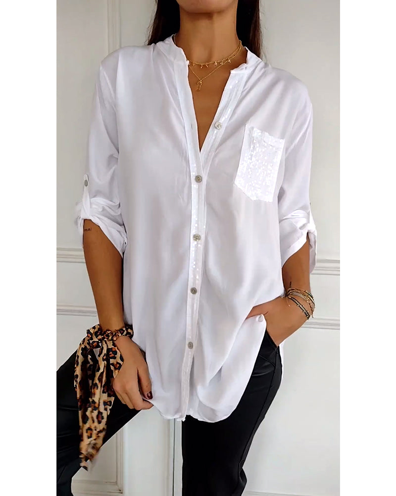 Drune - Schicke Bluse mit Knopfleiste und Paillettenbesatz für Damen | Elegante Langarmbluse mit Paillettentasche