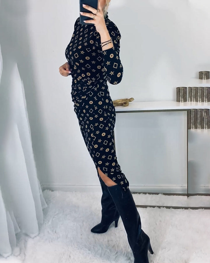 Drune | Elegantes Hochgeschlossenes Kleid mit Geometrischem Print