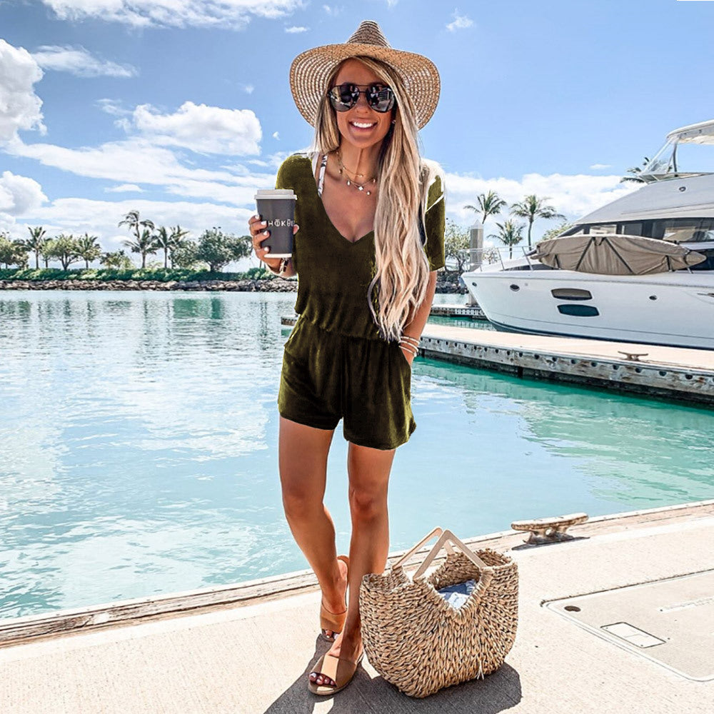 Damen bequemer Sommer-Jumpsuit mit V-Ausschnitt und elastischem Bund Drune