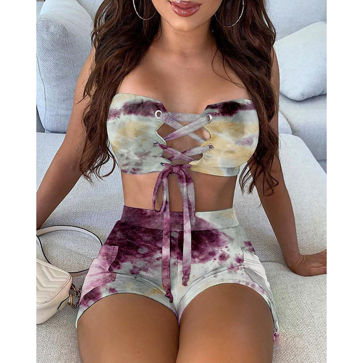 Damen Crop-Top und Shorts Set mit Schnürung und verspieltem Design Drune