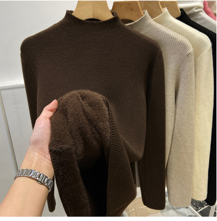 Damen-Strickpullover, gefüttert, Stehkragen, warm