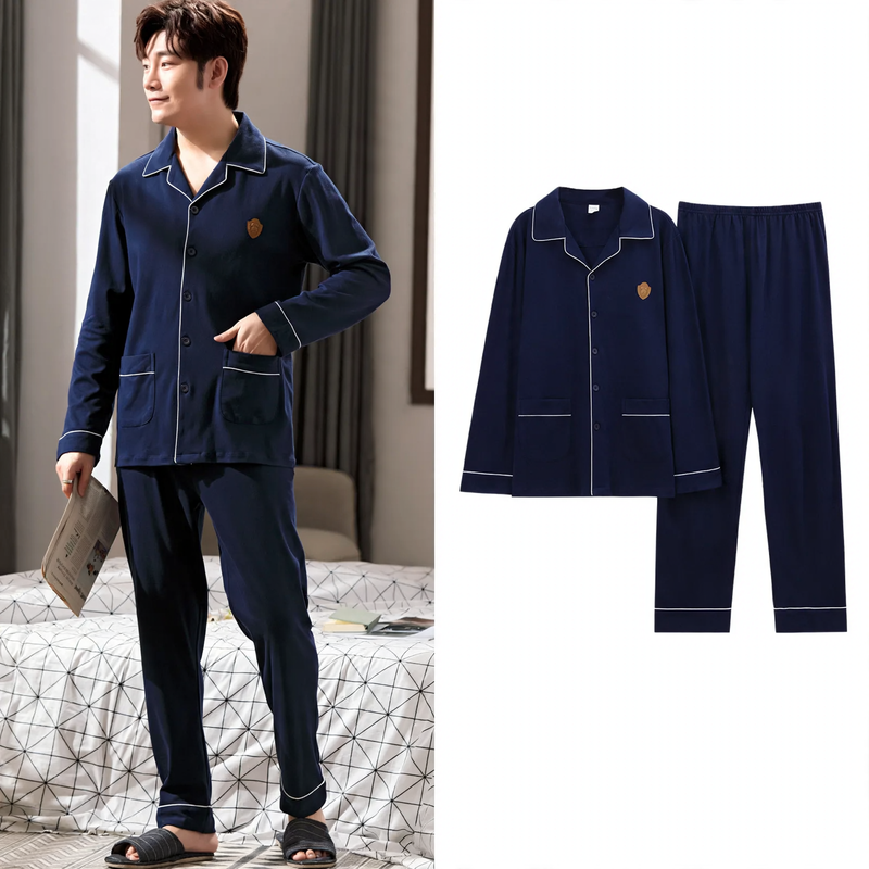 Herren-Pyjama-Set, Baumwolle, Langarm, mit Knopfleiste