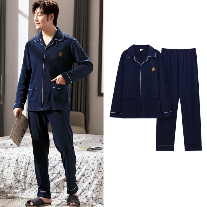 Herren-Pyjama-Set, Baumwolle, Langarm, mit Knopfleiste