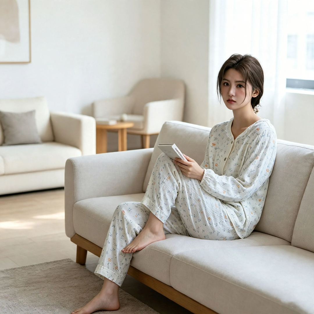 Damen-Pyjama-Set aus Baumwoll-Gaze, leicht, Landhausstil