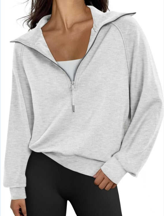 Kurzes Damen-Sweatshirt mit halbem Reißverschluss und Stehkragen