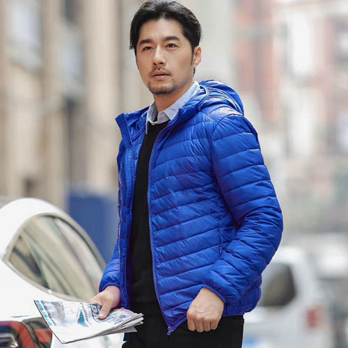 Leichte Herren-Daunenjacke mit Kapuze, weißes Entendaunen-Futter