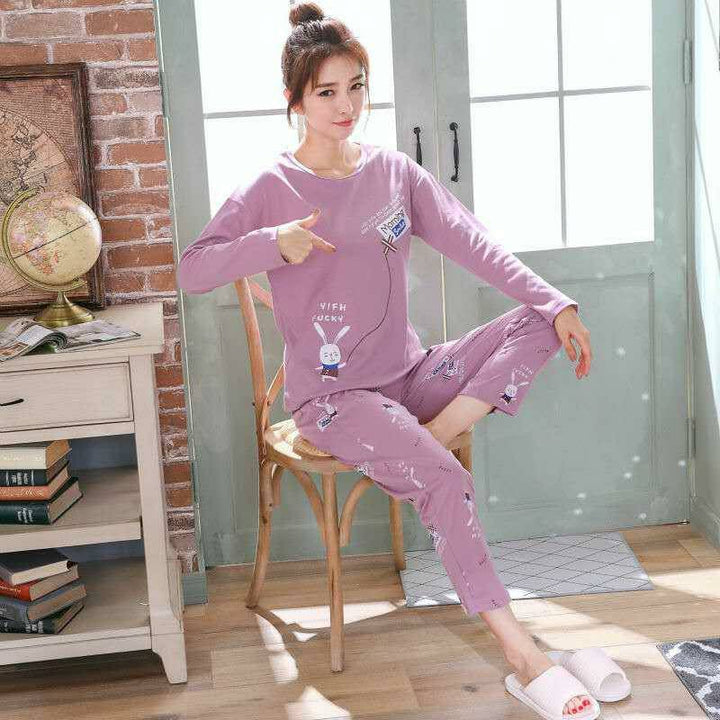 Damen-Pyjama-Set, Langarm, Cartoon-Muster, süß