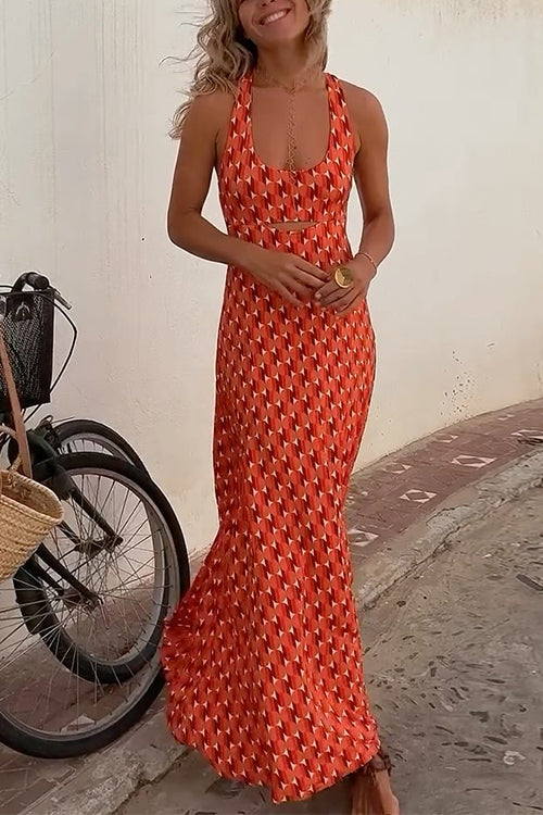 Drune | Scoop Neck Rückenfreies Geometrisches Print Maxi Cami Kleid