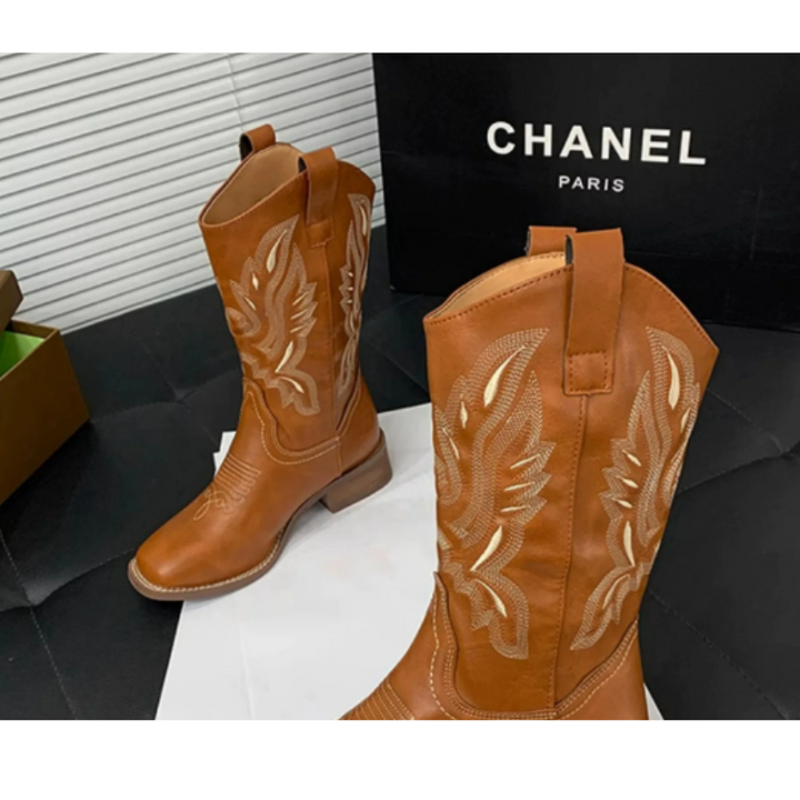 Drune | Western Stil Stiefel Damen mit Spitzem Kopf und Blockabsatz, Cowboy Stiefel Damen