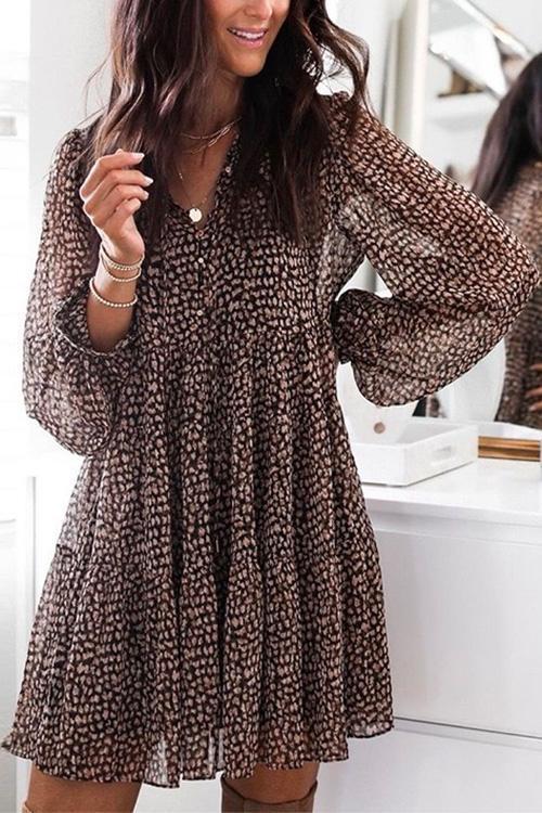Drune | Rosiedress V-Ausschnitt Leoparden-Swing-Minikleid