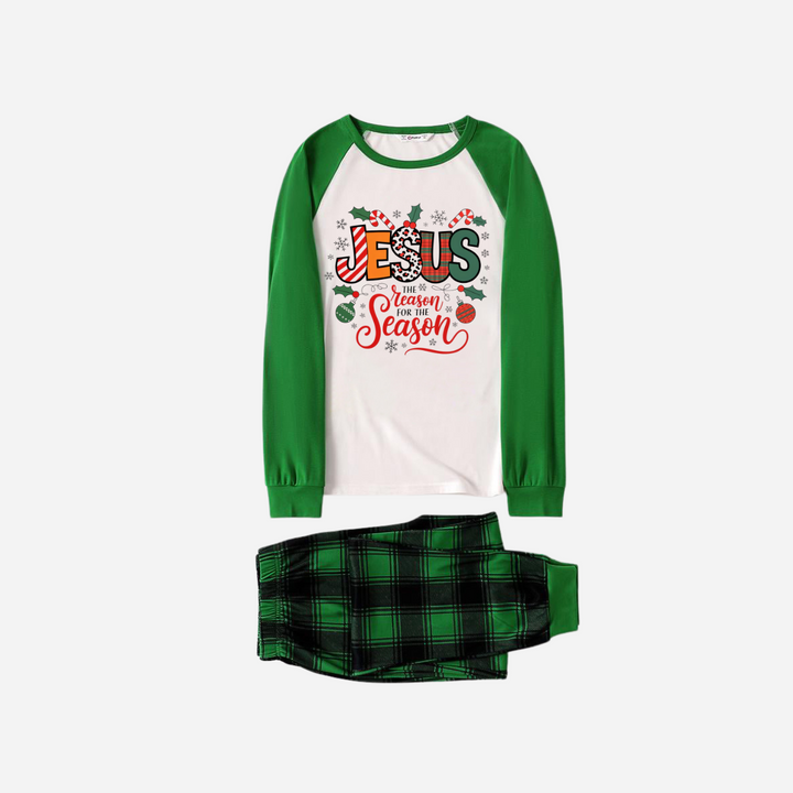Drune | "Jesus ist der GRUND für die Saison" Passendes Weihnachts-Pyjama-Set - Grünes Raglan-Oberteil und grüne Karottenhose Pyjamas