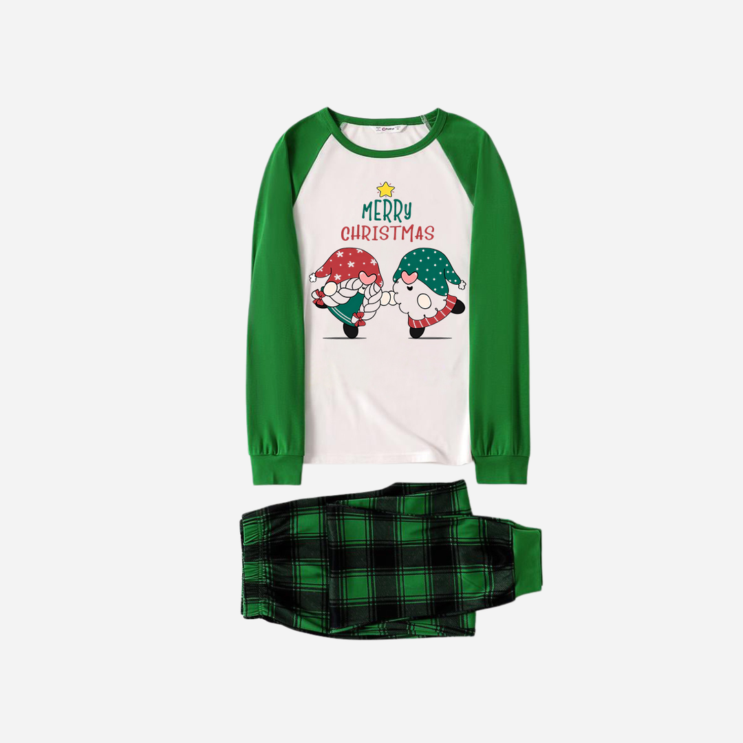 Drune | Grünes Raglan-Top Grünes Karomuster Weihnachten Pyjama-Set mit Gnom und Frohe Weihnachten Textdruck