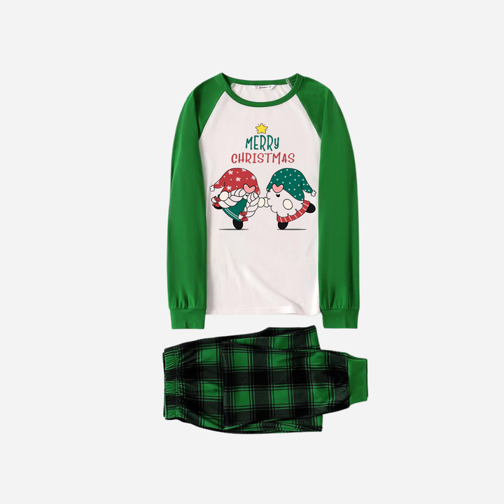 Drune | Grünes Raglan-Top Grünes Karomuster Weihnachten Pyjama-Set mit Gnom und Frohe Weihnachten Textdruck