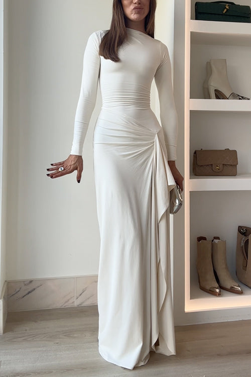 Drune | Lange Ärmel Drapiertes Schlitz Maxi Party Kleid