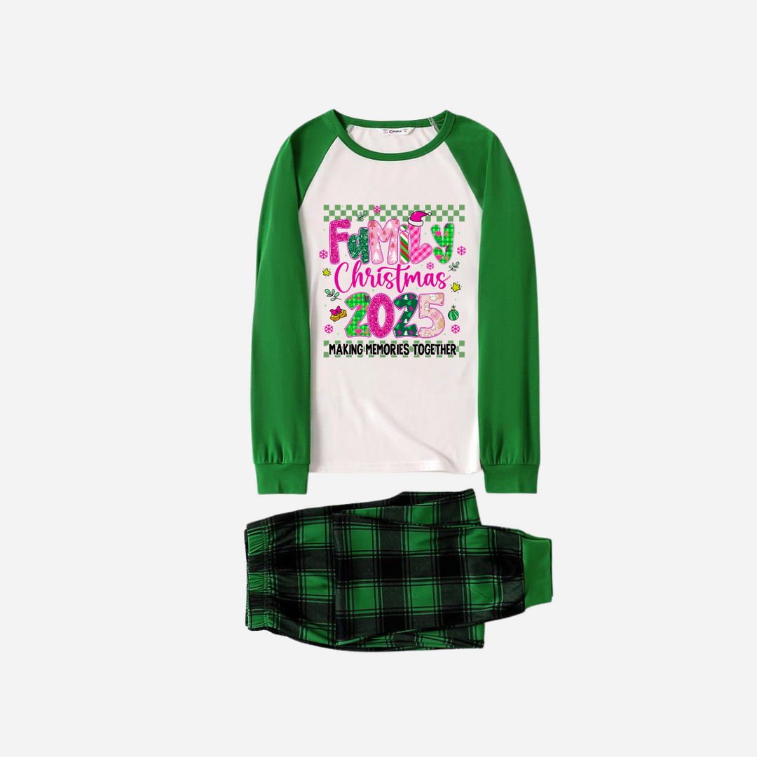 Drune | "Familienweihnachten 2025" Faux Glitter Grün Raglanärmel und Grüner Karierter Weihnachts-Pyjama-Set