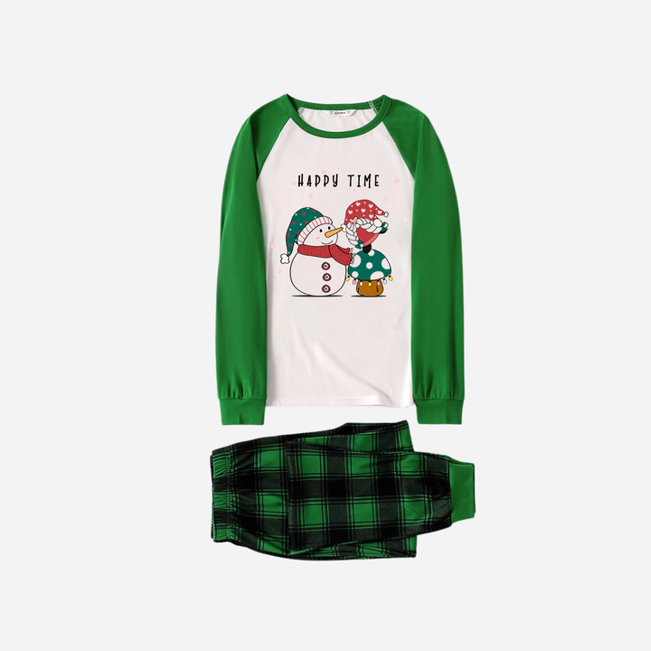 Drune | Grünes Raglan-Oberteil Grüner karierter Weihnachts-Pyjama-Set mit Schneemann und Gnom und "Happy Time" Textdruck
