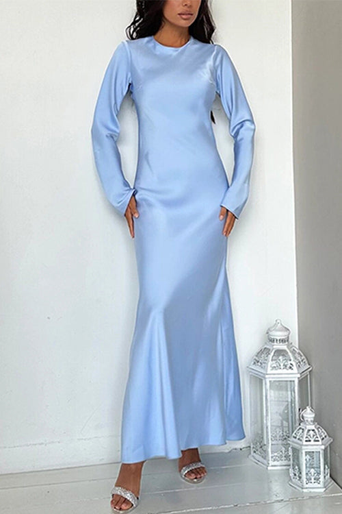 Drune | Rosiedress Rundhals Lange Ärmel Satin Maxi Partykleid