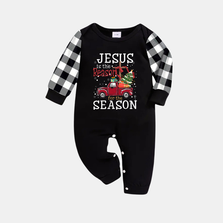 Drune | Schwarz-Weiße Karierte Weihnachts-Pyjama-Set Mit "Jesus ist der Grund für die Saison" Textdruck