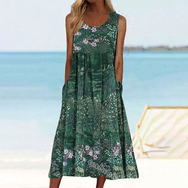 Drune | Sommerkleid Ärmellos A-Förmig Midi Blumenmuster mit Taschen