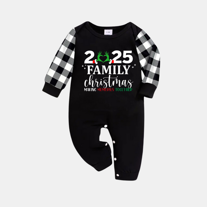 Drune | "2025 Familie Weihnachten" Ausgefallenes Herz Buchstaben Druck Schwarzes Langarmshirt mit Schwarz-Weißen Karopants Familien-Matching Pyjamas