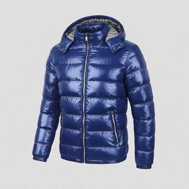 Herren Glänzende Steppjacke mit Kapuze, Gestreiftem Innenfutter & Kontrastreißverschlüssen Drune