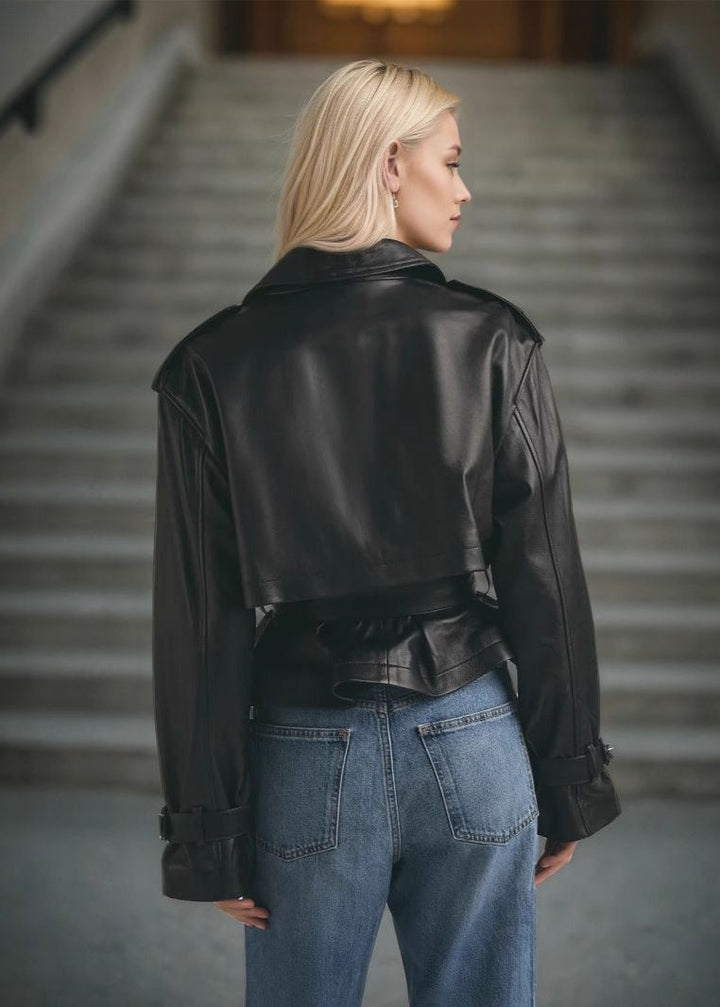 Drune | Kunstleder gekürzte Gürteltrenchjacke