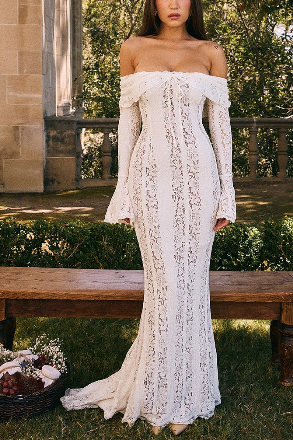 Drune | Blumen Spitze Off Shoulder Flare Ärmel Fishtail Maxi Kleider - Weiß