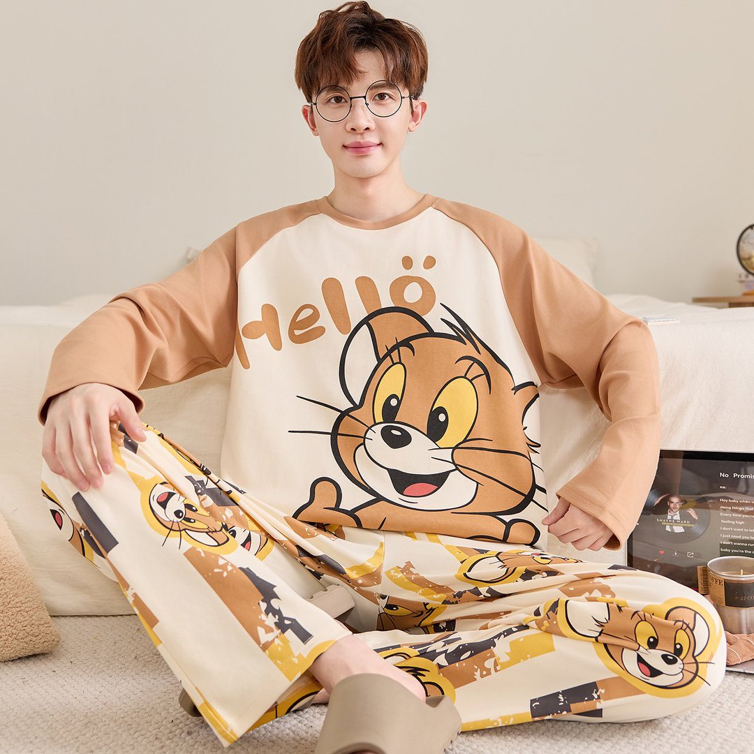 Herren-Pyjama-Set, Baumwolle, Langarm, große Größen