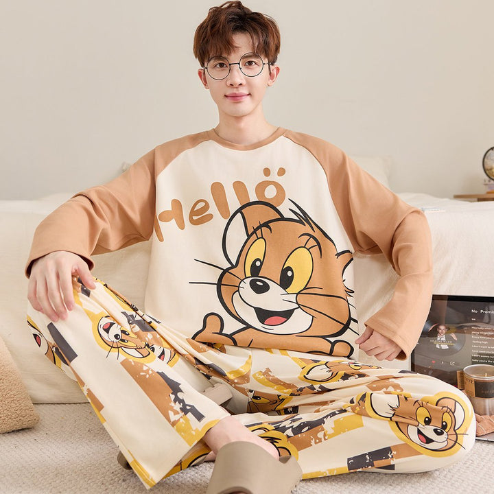 Herren-Pyjama-Set, Baumwolle, Langarm, große Größen