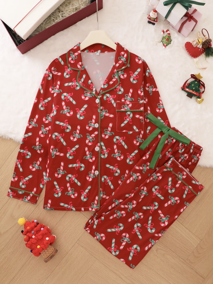 Damen-Pyjama-Set, Langarm, Weihnachtsmotiv, Reverskragen