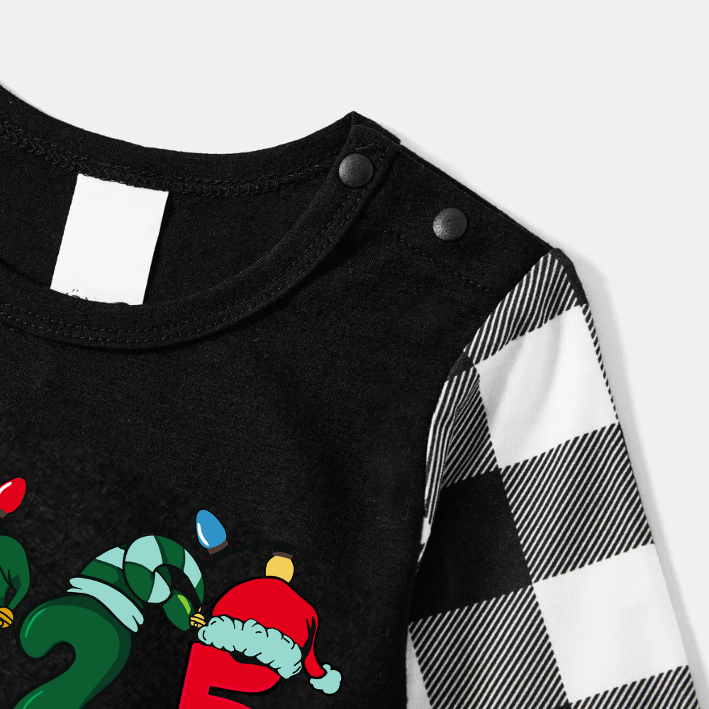 Drune | Weihnachten "2025" Briefdruck Schwarzes Langarmshirt mit Schwarz-Weißkarierten Hosen Familienpassende Pyjamas