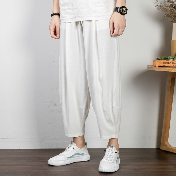 Herren Lässige Cropped Haremshose aus Baumwollmix mit Tunnelzug und gerippten Knöchelbündchen Drune