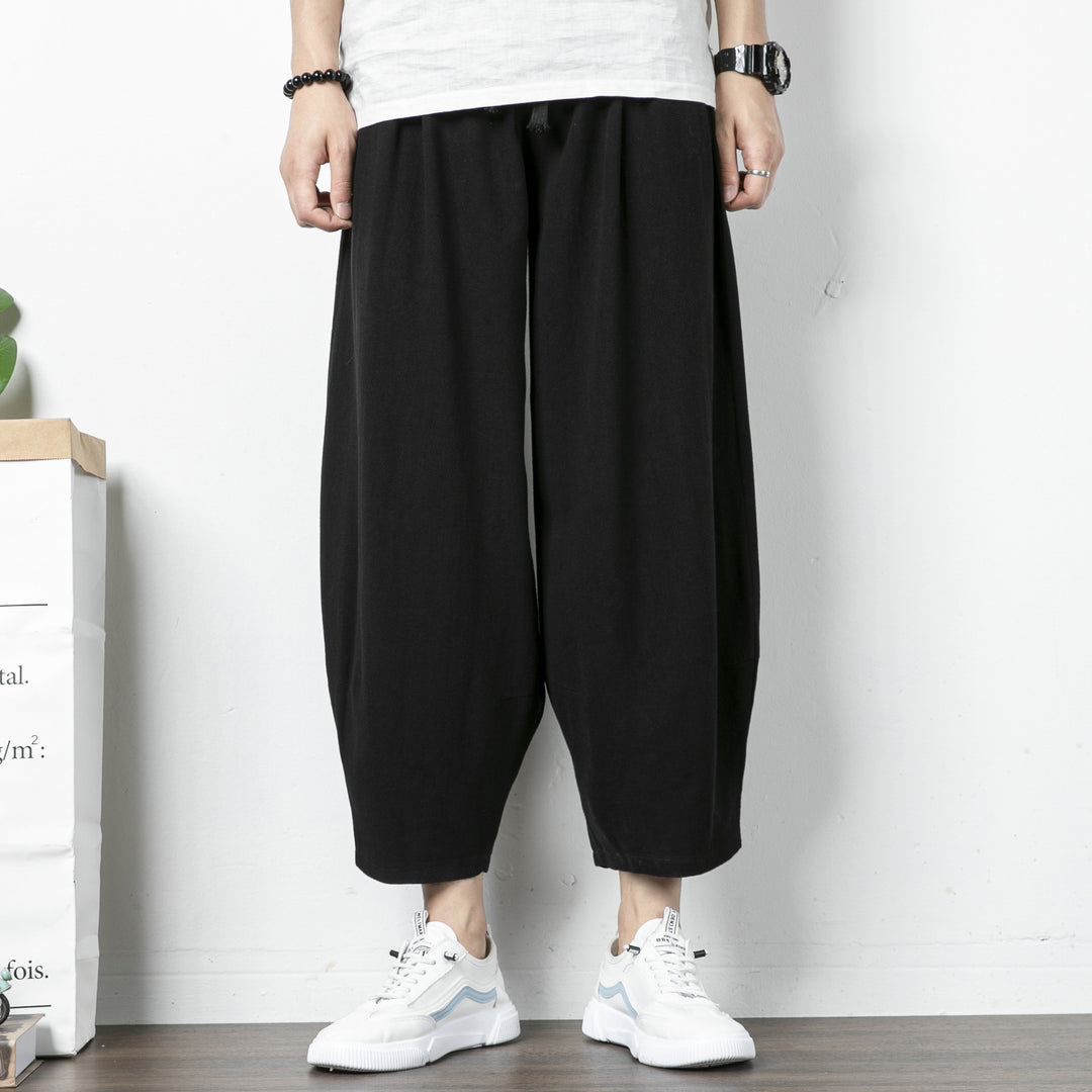 Herren Lässige Cropped Haremshose aus Baumwollmix mit Tunnelzug und gerippten Knöchelbündchen Drune