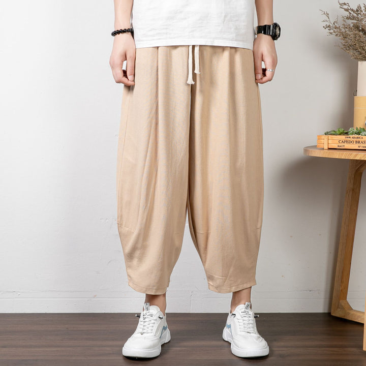 Herren Lässige Cropped Haremshose aus Baumwollmix mit Tunnelzug und gerippten Knöchelbündchen Drune