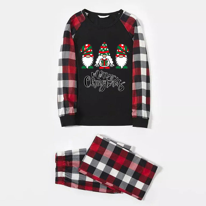 Drune | Frohe Weihnachten Süßer Gnome Druck Lässige Langarm Sweatshirts Kontrast Tops und Rot & Schwarz & Weiß Karierte Hose Familienpassende Pyjama Set mit Hund Bandana