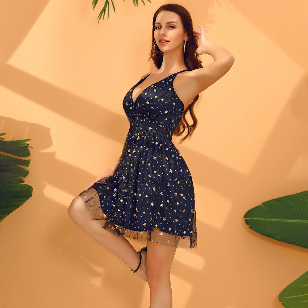 Damen Sommerliches Kleid mit tiefem V-Ausschnitt und filigranem Sternemuster Drune