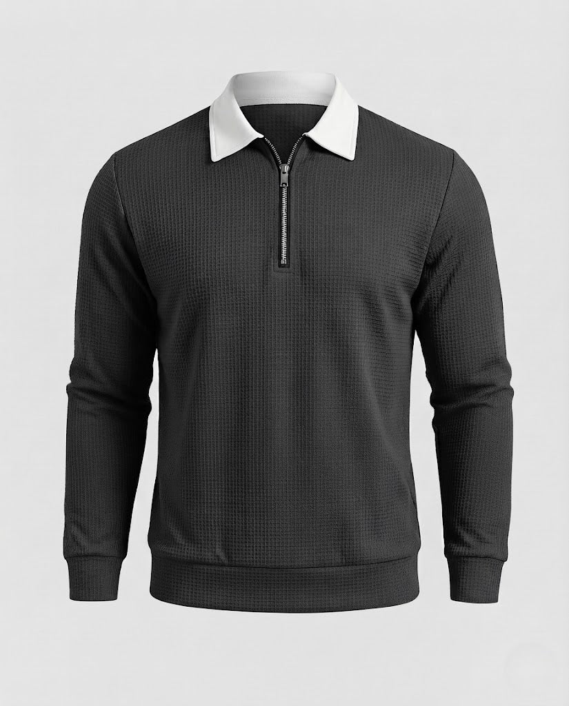Herren Texturiertes Langarm-Poloshirt im Troyer‑Stil mit Kontrastkragen und Kurzreißverschluss Drune