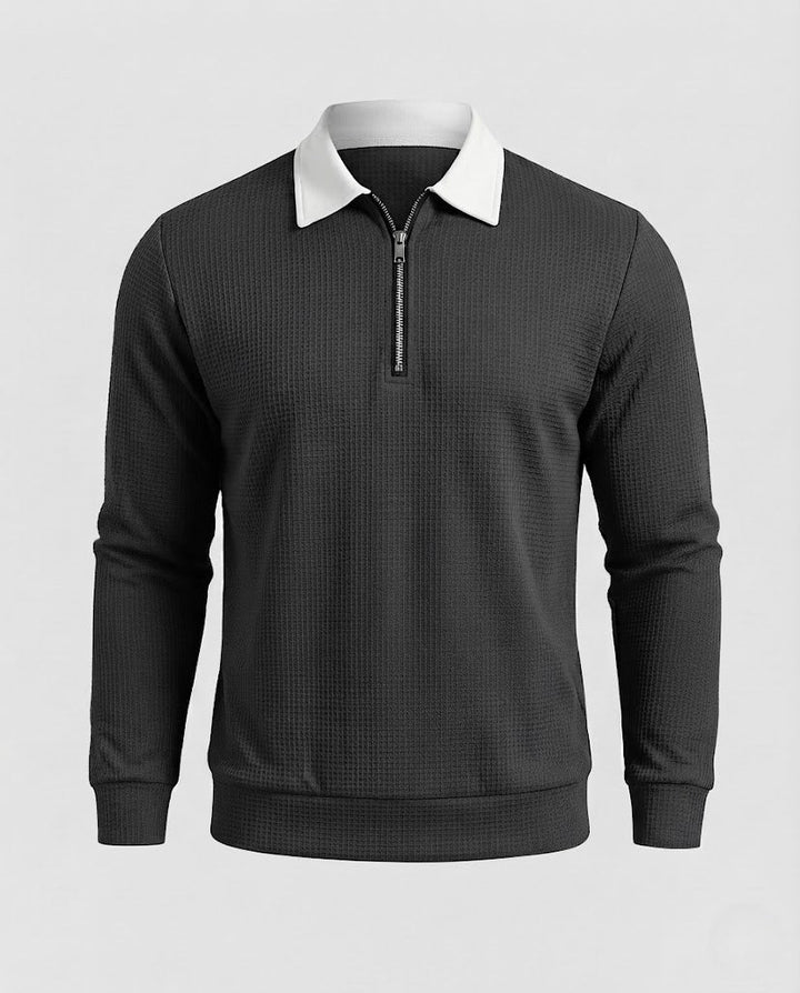 Herren Texturiertes Langarm-Poloshirt im Troyer‑Stil mit Kontrastkragen und Kurzreißverschluss Drune