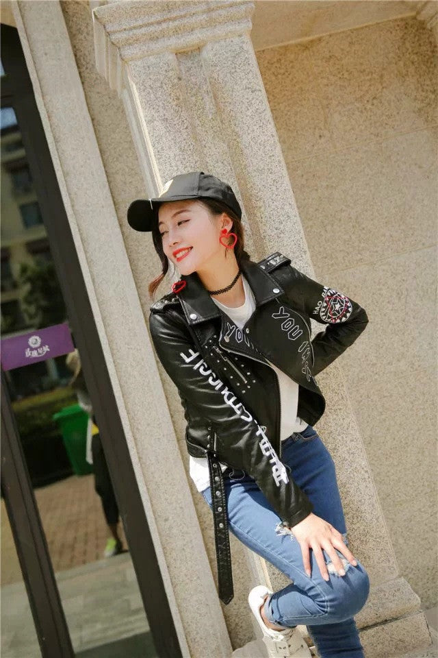 Drune | Damen Lederjacke Mit Coolem Aufdruck