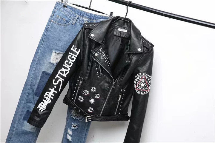 Drune | Damen Lederjacke Mit Coolem Aufdruck