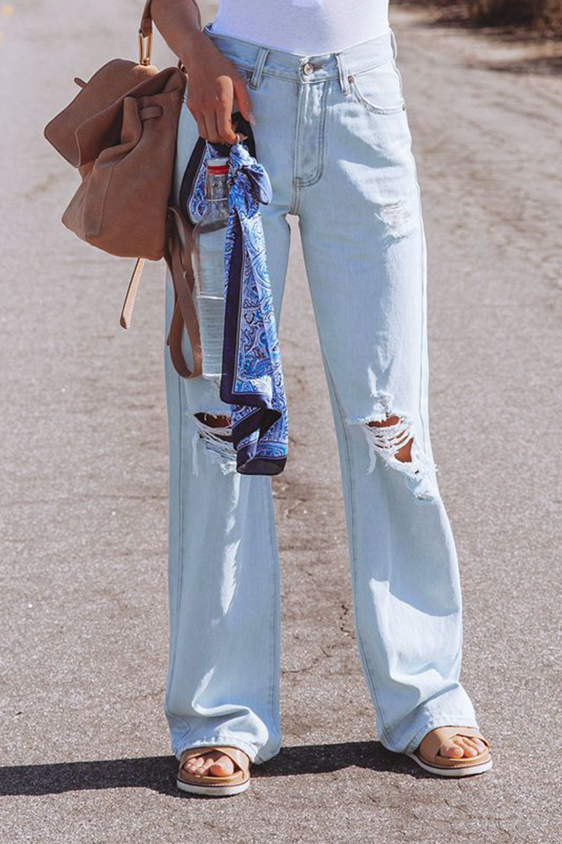 Drune | Street Solid Ripped Make Old Straight Mid Taille Weit Bein Einfarbige Hosen - 3 Farben